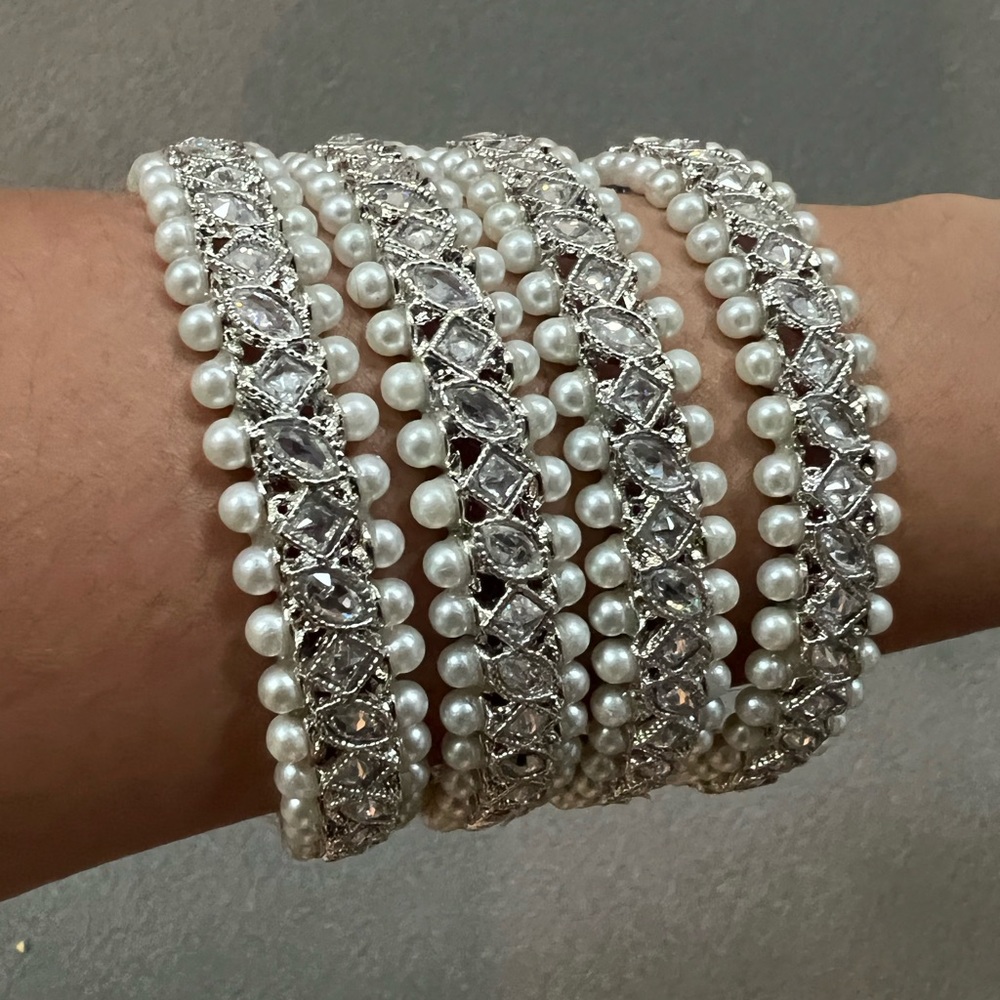 Silver & Faux Pearl Indian Bangle Bracelet Set